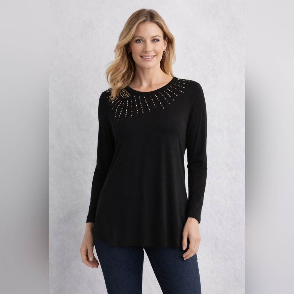 TanJay Black Embellished Tunic Top S Beaded Neckline Long Sleeve Stretch Blouse